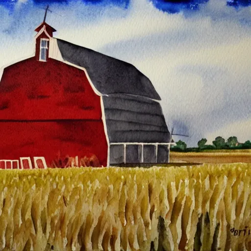 Image similar to watercolor painting. A red farm house with a gambrel style roof. It's standing in the middle of a wheat field