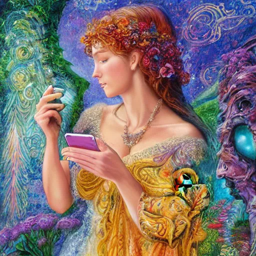 Prompt: a nature goddess checking her cell phone by senior concept artist josephine wall, acrylic on canvas, intricately detailed