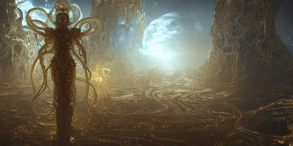 Prompt: a photo of 8k corrupted lovecraftian golden humanoid queen standing next to a spaceship window overlooking earth, 8 intricate white and gold tentacles, ornate white and gold armour, cinematic lighting, trending on artstation, 4k, hyperrealistic, focused, extreme details, unreal engine 5, cinematic, masterpiece