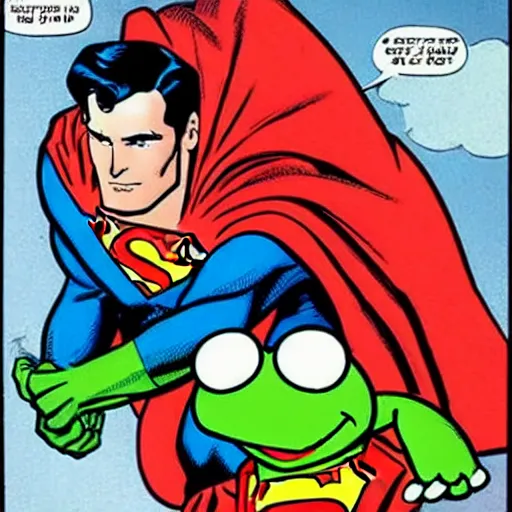 Image similar to superman holding kermit the frog by the throat, floating, superheroes, comic