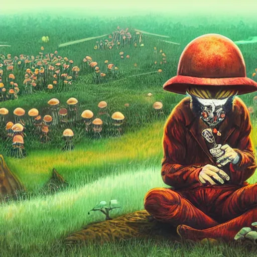 Image similar to a centered chest up portrait of a psychedelic demonic anthropomorphic badger smoking a hand - rolled cigarette smoking heavily, magic mushroom village in background. award winning. superb resolution. in the art style of junji ito and greg rutkowski. detailed mushroom city in background. hyper realistic anime. perfect art. dalle 2