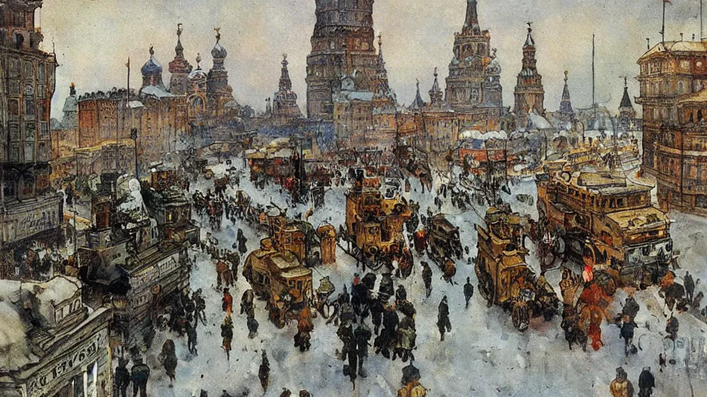 Image similar to russian revolution dieselpunk 1 9 1 0 cityscape, painting by carl larsson