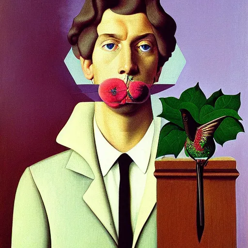 Prompt: Self-Portrait with Thorn Necklace and Hummingbird by Rene Magritte