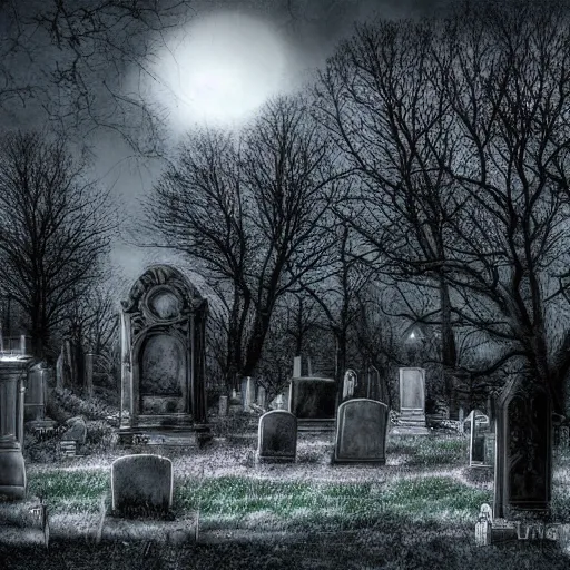 Prompt: haunted cemetery, horror, night, digital art