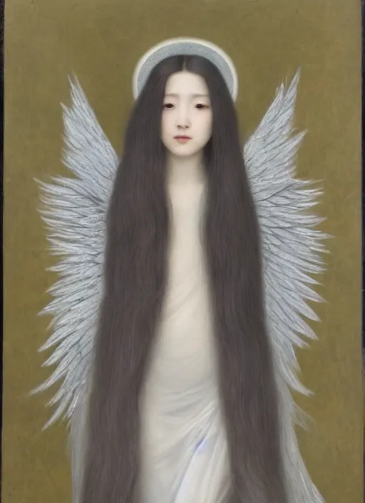 Image similar to thin young wan angel, silver hair so long, pale!, long silver hair, silver angel wings, smooth skin, wan adorable korean face, silver hair!!, style of fernand khnopff and lucien levy - dhurmer, oil on canvas, 1 8 6 2, 4 k resolution, aesthetic!,