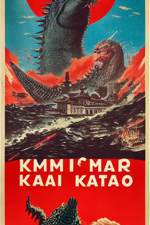 Image similar to a communist propaganda poster of Kim Jong-il and Starro Kaiju monster destroying Pyongyang, in Godzilla (1954) by Ishirō Honda, traditional Korean city, palace, epic ultrawide shot, cinémascope