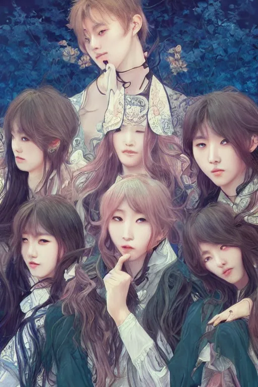 Image similar to beautiful cottagecore BTS k-pop band on stage, fans are screaming, phone wallpaper. intricate, elegant. the background is babylue !. highly detailed, digital painting, artstation, concept art, smooth, sharp, focus, illustration. . art by artgerm and greg rutkowski and alphonse mucha