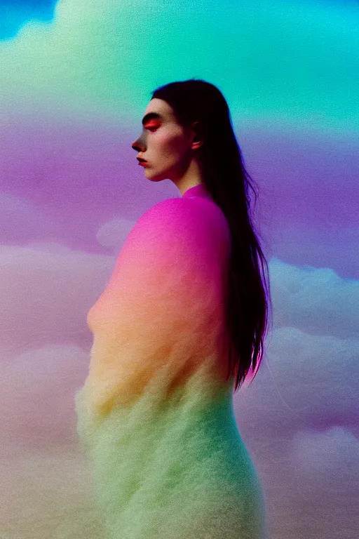 Image similar to high quality pastel coloured film close up wide angle photograph of a model wearing clothing swimming on cloud furniture in a icelandic black rock!! environment in a partially haze filled dreamstate world. three point light, rainbow. photographic production. art directed. pastel colours. volumetric clouds. pastel gradient overlay. waves glitch artefacts. extreme facial clarity. 8 k. filmic.