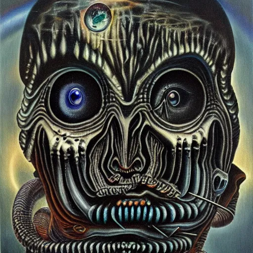 Prompt: peer into the depths of the endless cosmic void. behold your fears. hr giger, oil on canvas