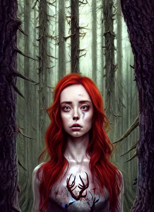 Prompt: surrounded by trees, realistic character concept, gorgeous Kacey Rohl, red hair, small freckles, Wendigo creature antlers deer skull face, symmetrical face, symmetrical eyes, full body, covered in blood, dark forest, trees, shorter neck, cinematic lighting, Joshua Middleton and artgerm, fear anxiety terror