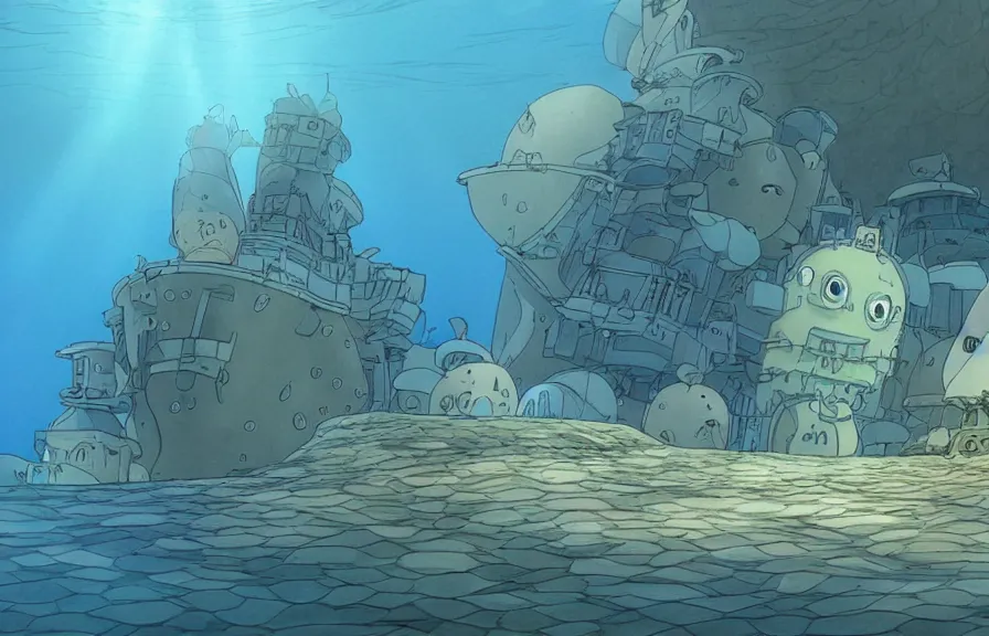 Image similar to a realistic cell - shaded cartoon from howl's moving castle ( 2 0 0 4 ) showing a white pristine pyramid underwater at the bottom of the sea. a submarine is in the ground and shafts of sunlight come from above. wide shot, very dull muted colors, hd, 4 k, hq