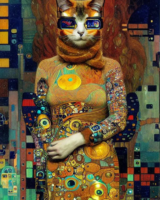 Image similar to cyberpunk cat portrait an oil painting splashes with many colors and shapes by gustav klimt greg rutkowski and alphonse mucha, polycount, generative art, psychedelic, fractalism, glitch art