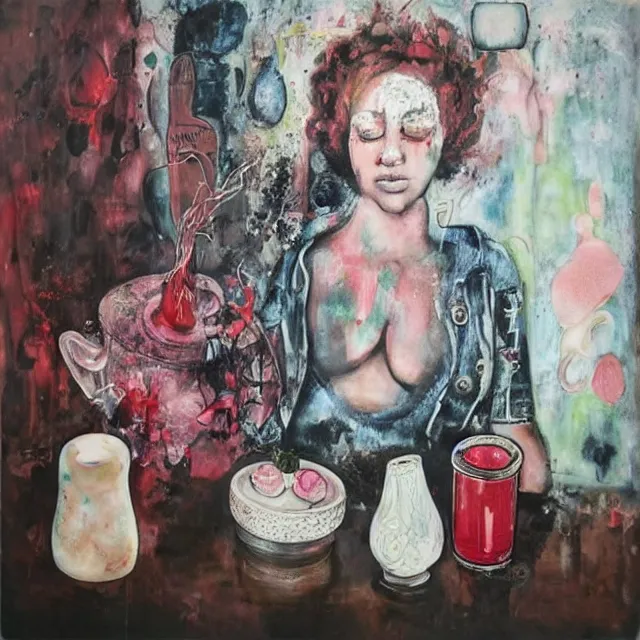 Image similar to “ a portrait in a female art student ’ s apartment, sensual, a pig theme, pork, pottery supplies, pottery work in progress, a candle dripping white wax, pottery glaze, squashed berries, berry juice drips, acrylic and spray paint and oilstick on canvas, surrealism, neoexpressionism ”