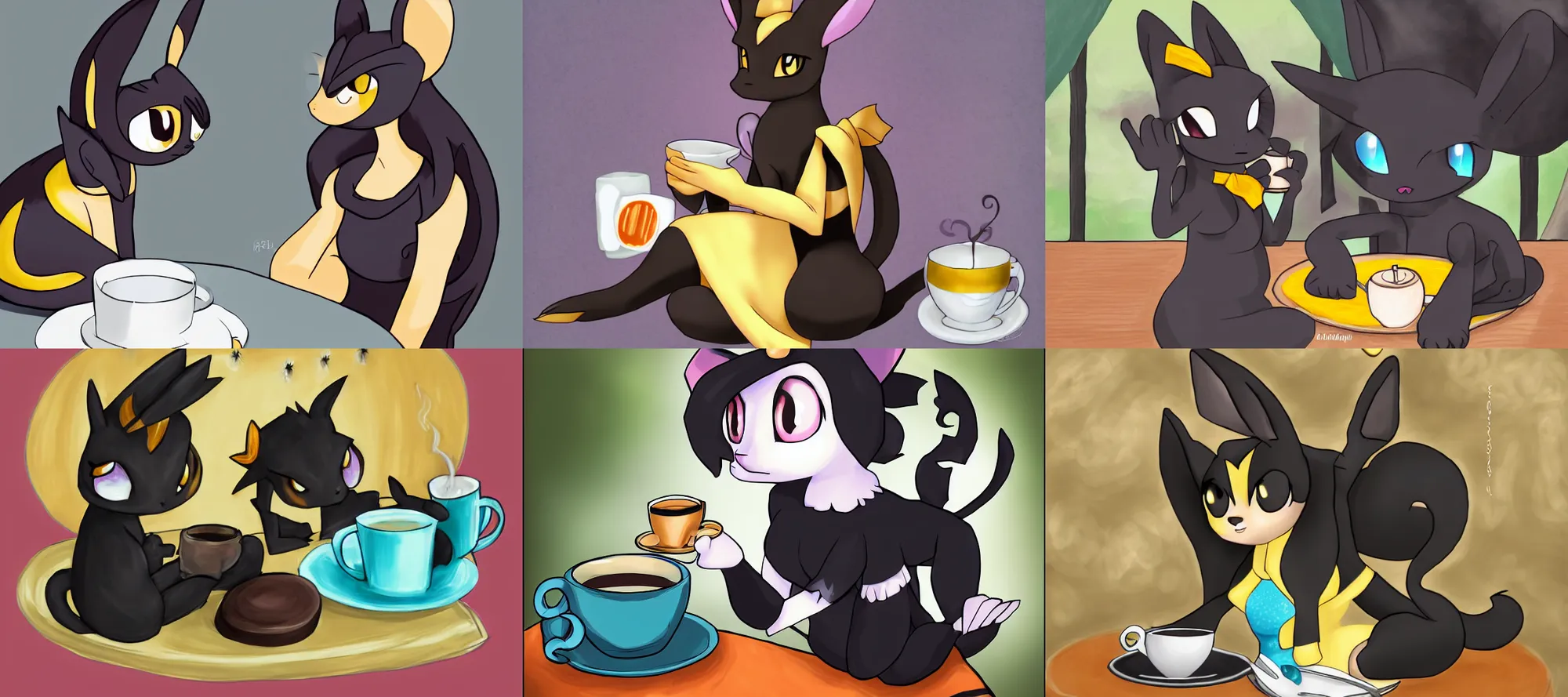 Prompt: umbreon wearing a sundress sitting at a table with cup of coffee by draggincat