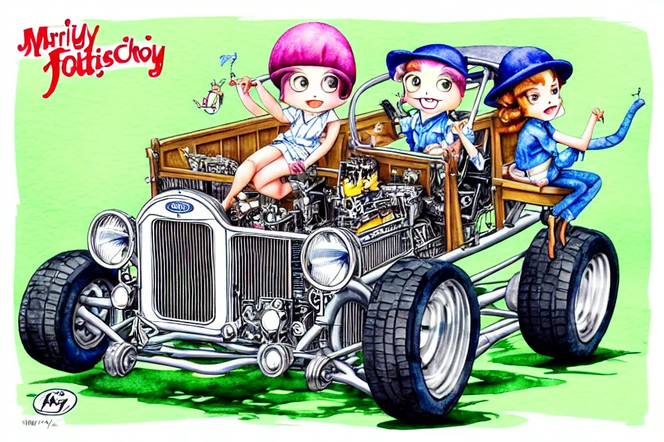 Image similar to cute and funny, margay riding in a tiny 1 9 2 3 ford t - bucket with oversized engine, ratfink style by ed roth, centered award winning watercolor pen illustration, isometric illustration by chihiro iwasaki, edited by range murata, tiny details by artgerm and watercolor girl, symmetrically isometrically centered