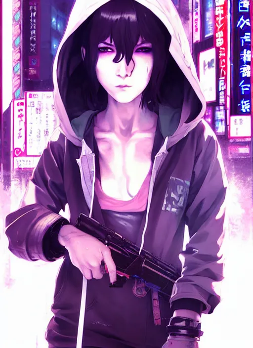 Image similar to cyberpunk anime girl in hoodie, 3 / 4 shot, street night, grafity, realistic face, beautiful face, grafity, arcane, action, tokyo street, detail, good face, pose model, concept art, in style of yoji shinkawa, pan ren wei, col price, atey ghailan, by greg rutkowski, aesthetic