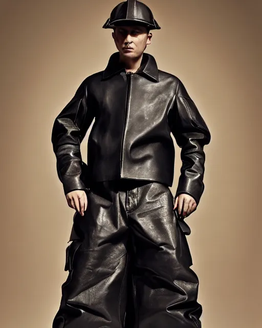 Image similar to an award - winning editorial photo of an irradecent extremely baggy cropped short ancient medieval designer menswear leather police jacket with an oversized collar and baggy bootcut trousers designed by alexander mcqueen, 4 k, studio lighting, wide angle lens