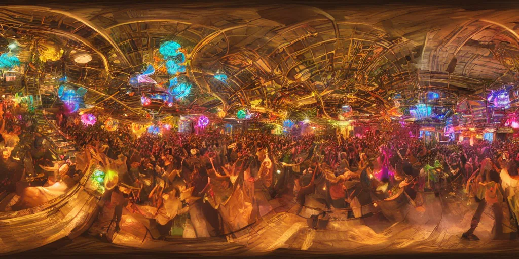 Prompt: 3 6 0 panorama hdr environment map of a disco party in 1 8 1 2 in japan world fantasy photograph detail focus octane render