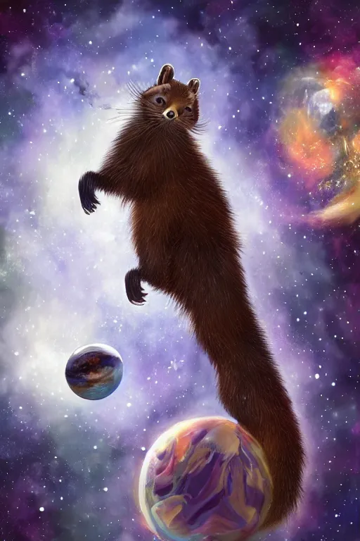 Prompt: giant pine marten in space holding a planet, digital art, trending on artstation, highly detailed, by Yoshitaka Amano