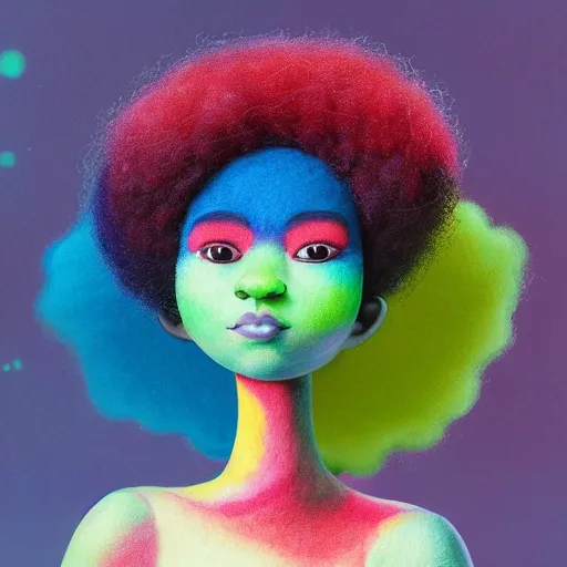 Image similar to a black girl with a colorful afro and rainbow eyes, in a candy forest! at night, bokeh, bright colours, watercolor, volumetric wool felting, macro photography, children illustration, by goro fujita