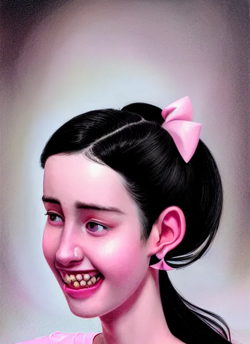 Image similar to portrait of high school girl, realistic, black hair, bangs, half updo hairstyle, pointy nose, skinny, smile, ugly, defined jawline, big chin, pink hair bow, earrings, intricate, elegant, glowing lights, highly detailed, digital painting, artstation, sharp focus, illustration, art by wlop, mars ravelo and greg rutkowski