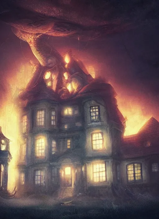 Prompt: giant squid destroying a glowing mansion in burning vapor dramatic lighting, artstation, matte painting, alexander jansson, allen williams, anton semenov