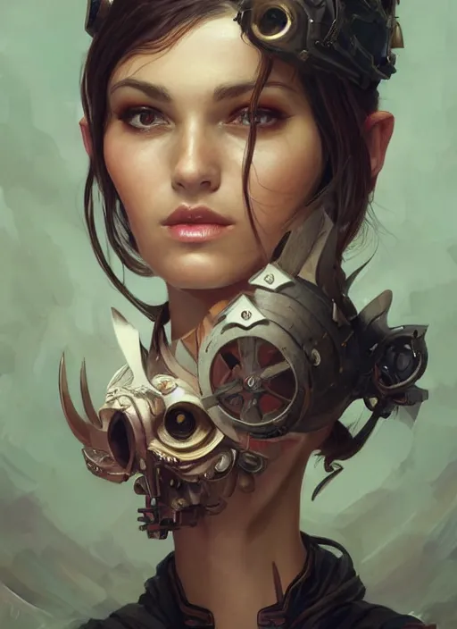 Prompt: a woman with a buggy television head, headshot, painted fantasy character portrait, D&D, highly detailed, digital painting, artstation, sharp focus, art by artgerm and greg rutkowski and alphonse mucha and magali villeneuve