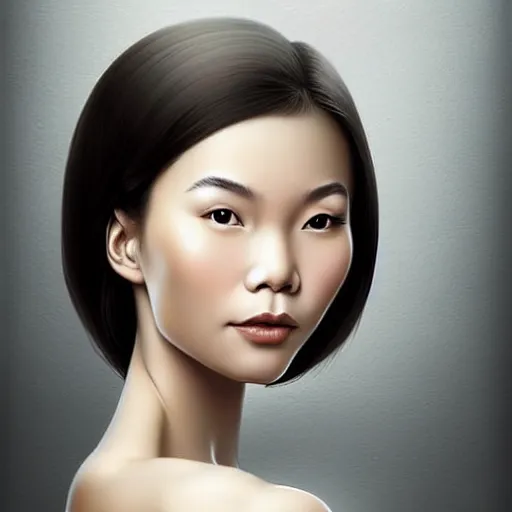 Prompt: beautiful portrait of an enthusiastic, dainty, slim, delighted vietnamese, ( waitress ) girl, stunning, intelligent, fashionable, vivid!!, sharp, crisp, ultra ambient occlusion, reflective, universal shadowing, fantasy art, extremely even lighting, art by wlop, vladimir kush!!, ilya, kevin hong!!, yasar vurdem