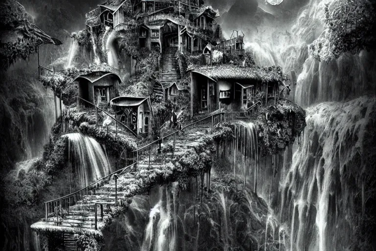 Image similar to gothic escher waterfall favela honeybee hive, subconscious environment, industrial factory, award winning art, epic dreamlike fantasy landscape, ultra realistic,