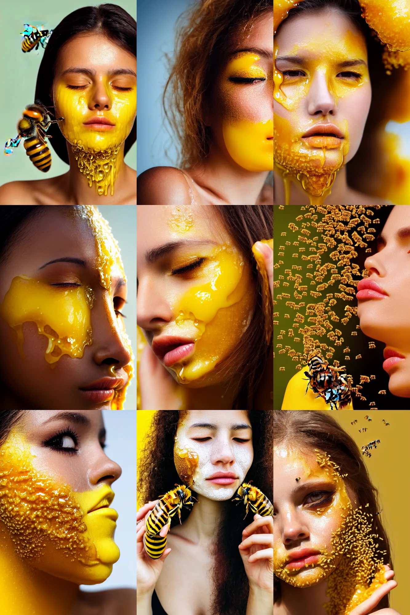 Prompt: The face of a beautiful girl with honey dripping down her face with bees clinging to it. yellow and dark shades. Close-up portrait in profile