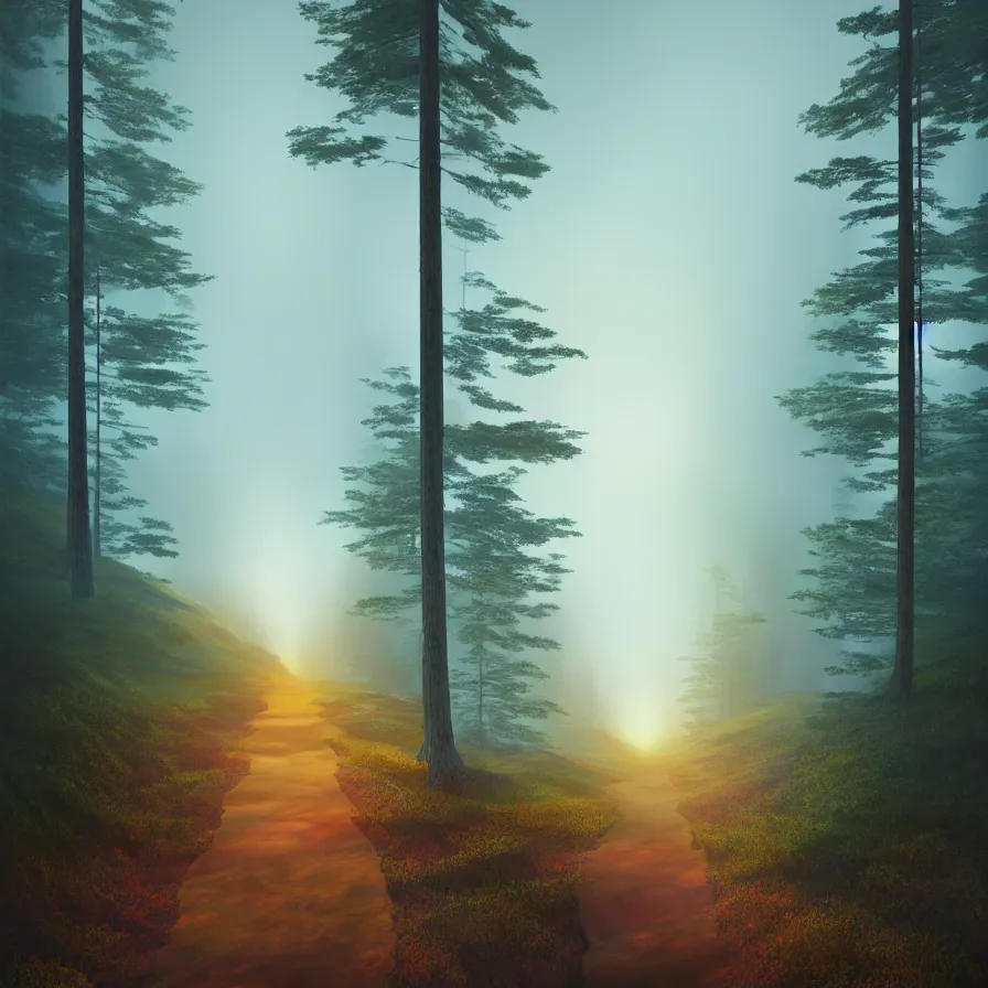 Image similar to abstract hyperrealist artwork of a single path leading down the horizon through giant pine forests down a rocky mountain coast towards a majestic sunset. atmospheric foggy landscape, soft tones, psychedelic, ultra realistic, concept art, modern art, photorealistic, octane render.