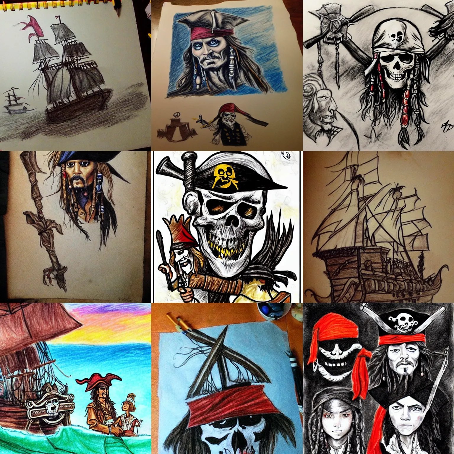 Prompt: pirates of the caribbean. children's drawing.