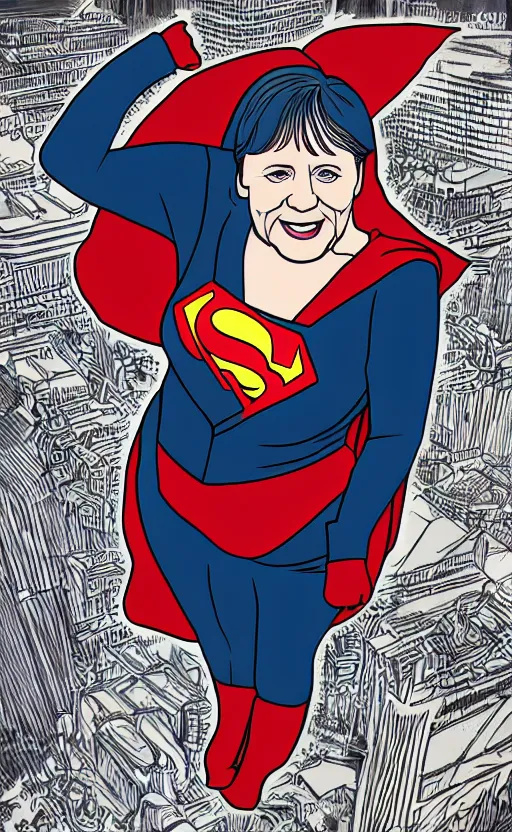 Prompt: illustration of angela merkel as superwoman by katsuhiro