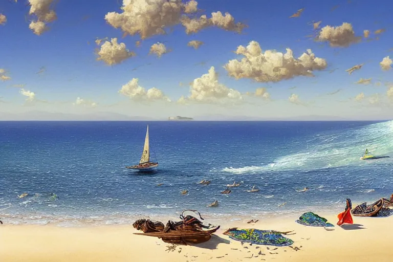 Image similar to ultra realistic illustration,, a beach in tanzania with sailboats in the distance, tropical blue water intricate from baldurs gate, elegant, highly detailed, digital painting, artstation, concept art, smooth, sharp focus, illustration, art by artgerm and greg rutkowski and alphonse mucha