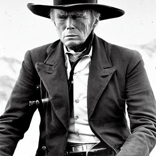 Image similar to an 1 8 0 0 s photo of donald trump playing the role of clint eastwood, squinting at high noon, in the style of a clint eastwood movie, the good, the bad and the ugly, distinguished, clint eastwood, vibe, glory days, mount rushmore, stern, resolve, formal, justice, american flag, independence, patriotism, symmetry, centered, balance