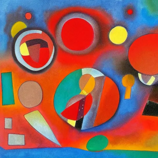 Prompt: A red dog sitting in the middle with red spots. in the art style of Kandinsky. Dramatic lighting, minimal painting, high resolution. Positive vibes