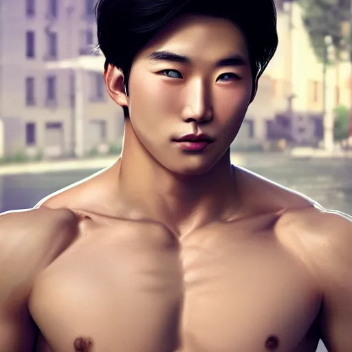 Image similar to a korean bodybuilder college boy, bokeh, beautiful face!!!!, 2 3 years old, cg animation, lifelike, animated, realistic, character select portrait, by artgerm, greg rutkowski, alphonse mucha, 3 d