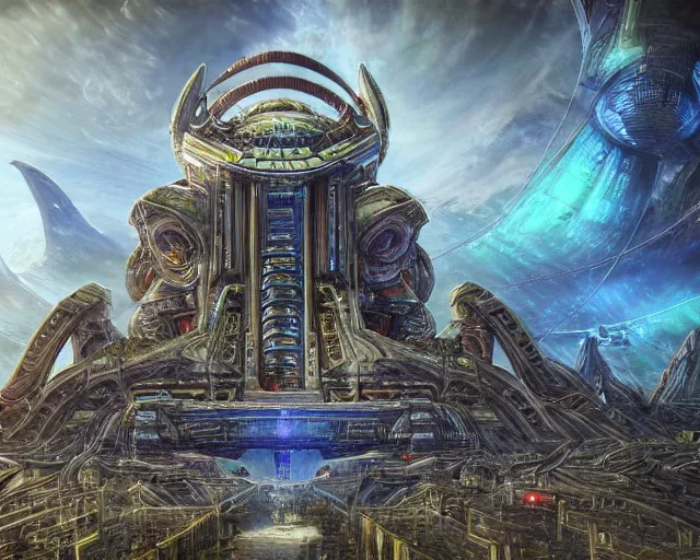 Image similar to photo of a temple, mothership, alien utopia!!, holy place, protoss!!, starcraft, intricate, scifi, machine city, highly detailed, art by roberto digiglio and furio tedeschi and filippo ubertino