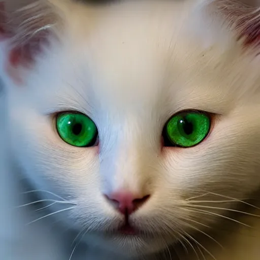 Prompt: Angelic white kitten with big round green eyes