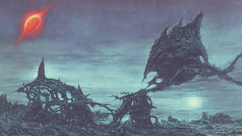 Prompt: eerie atmospheric alien planet with a spikey organic rocketship by jack gaughan and bob eggleton and chris moore, epic cinematic matte painting