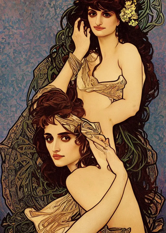 Image similar to portrait of penelope cruz, artwork by alphonse mucha