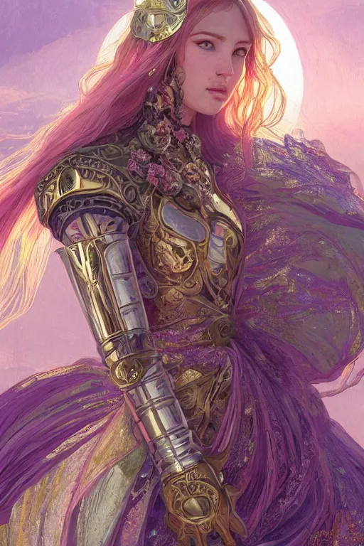 Prompt: portrait knights of Zodiac girl, metalic pink and pastel purple reflected armor, in ruined Agora of Athens sunrise, ssci-fi, fantasy, intricate, very very beautiful, elegant, golden light, highly detailed, digital painting, artstation, concept art, smooth, sharp focus, illustration, art by tian zi and WLOP and alphonse mucha