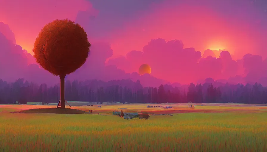 Prompt: sun in the colourful sky, wheat field, radio telescope, big trees, matte painting, art station, digital art, simon stalenhag