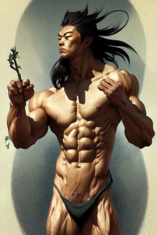 Image similar to Japanese god, gorgeous, amazing, muscular, fit, very muscular male body, intricate, highly detailed, digital painting, artstation, concept art, sharp focus, illustration, art by greg rutkowski and alphonse mucha