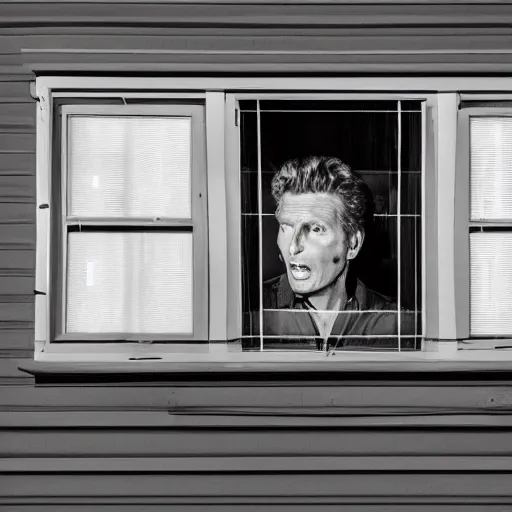 Prompt: robert stack unsolved mysteries staring into a homes window at night, ( sony a 7 r iv, symmetric balance, polarizing filter, photolab, lightroom, 4 k, dolby vision, photography awardm, voque, perfect face )