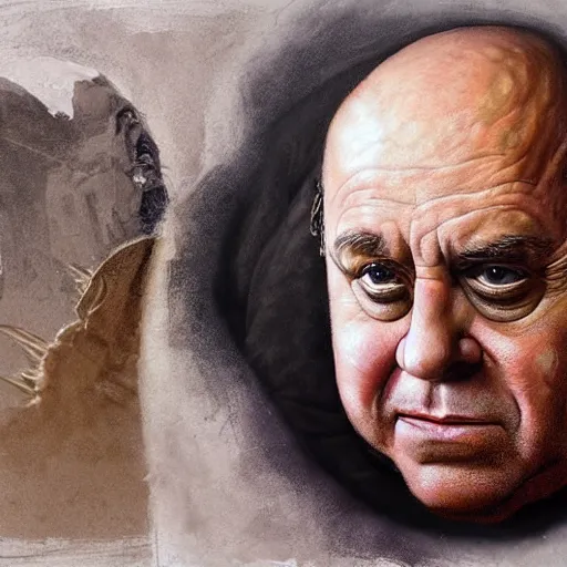 Image similar to hyperrealistic mixed media high resolution painting of Danny DeVito portraying The Baron from the film Dune, stunning 3d render inspired art by István Sándorfi and Greg Rutkowski and Unreal Engine, perfect symmetry, dim volumetric lighting, 8k octane beautifully detailed render, post-processing, extremely hyper-detailed, intricate, epic composition, highly detailed attributes, highly detailed atmosphere, cinematic lighting, masterpiece, trending on artstation, very very detailed, masterpiece, stunning, flawless structure, lifelike texture, perfection,