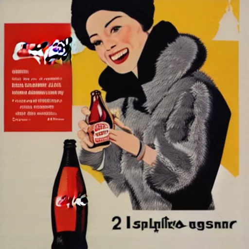 Image similar to a beautifully detailed image of a woman in a parka drinking a bottle of coke, constructivist, russian, soviet advertisement, 1 9 6 0's