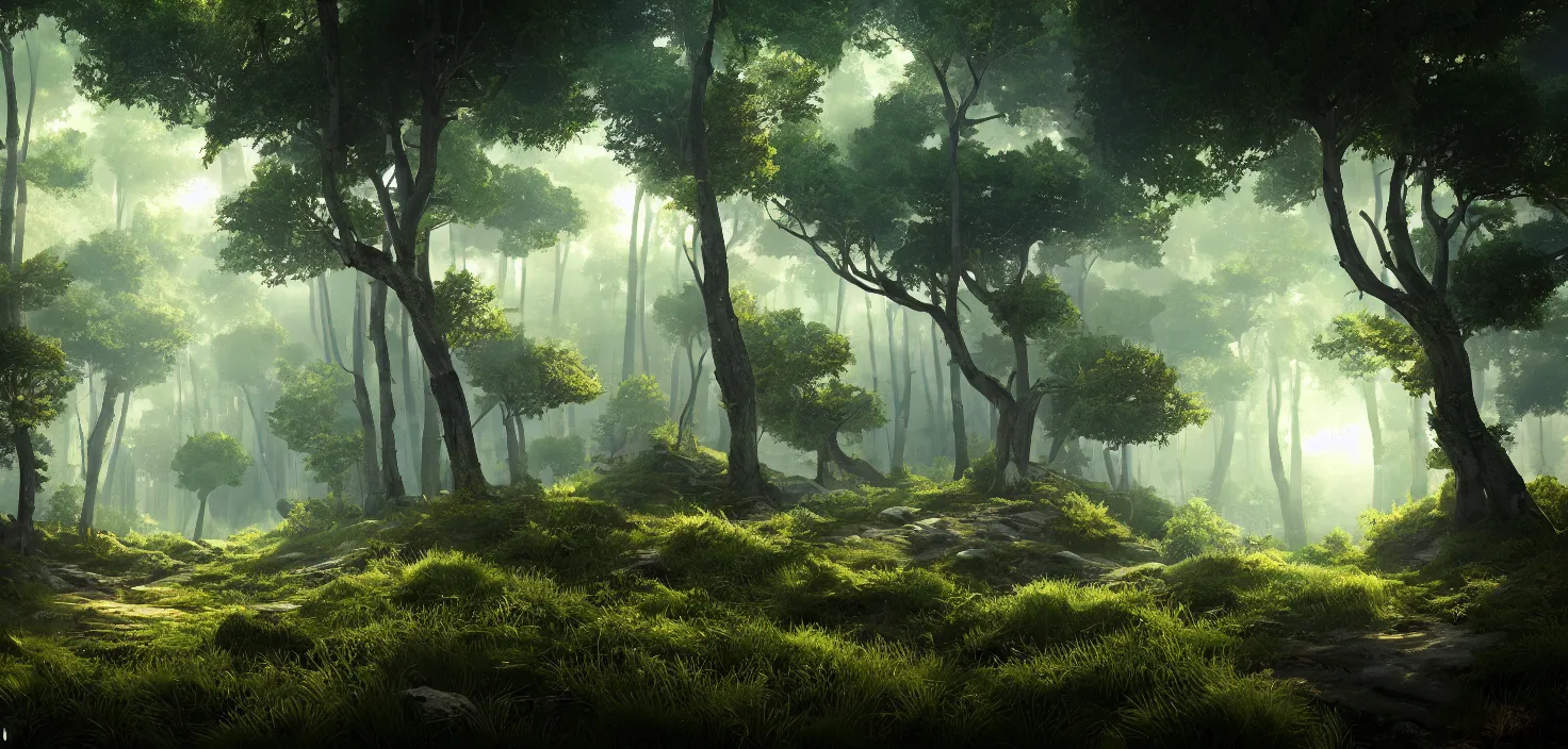 Image similar to random forest landscape, incredible, vector art, octane render, fabulous, hyper detailed, random cinematic view, no noise, global illumination, warm lighting, volumetric, godrays, vivid, beautiful