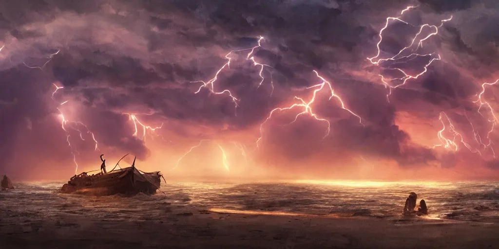 Prompt: epic medieval woman ship pilot face down shipwrecked on a beach, beach leads into dark forest and hills, dramatic dark glowing golden neon sunset with thick wall of lightning storm clouds, dynamic lighting, hyperrealistic, hd 4 k, artstation