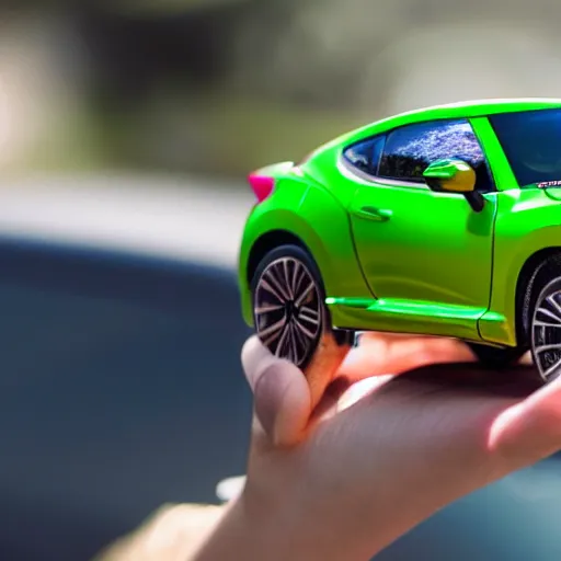 Image similar to a redhead woman driving a Jada toys mitsubishi eclipse green diecast car, high resolution macro photo, viewed through the cars window